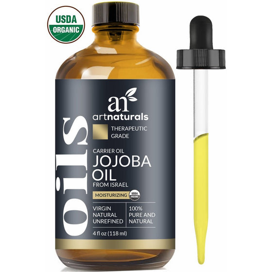 ArtNaturals Organic Jojoba Oil - 4 oz - 100% Pure & USDA Certified Cold Pressed Natural & Unrefined- Great Moisturizer for Face, Hair, Skin, Nails, Lips, Cuticles, Stretch Marks & Sensitive Skin