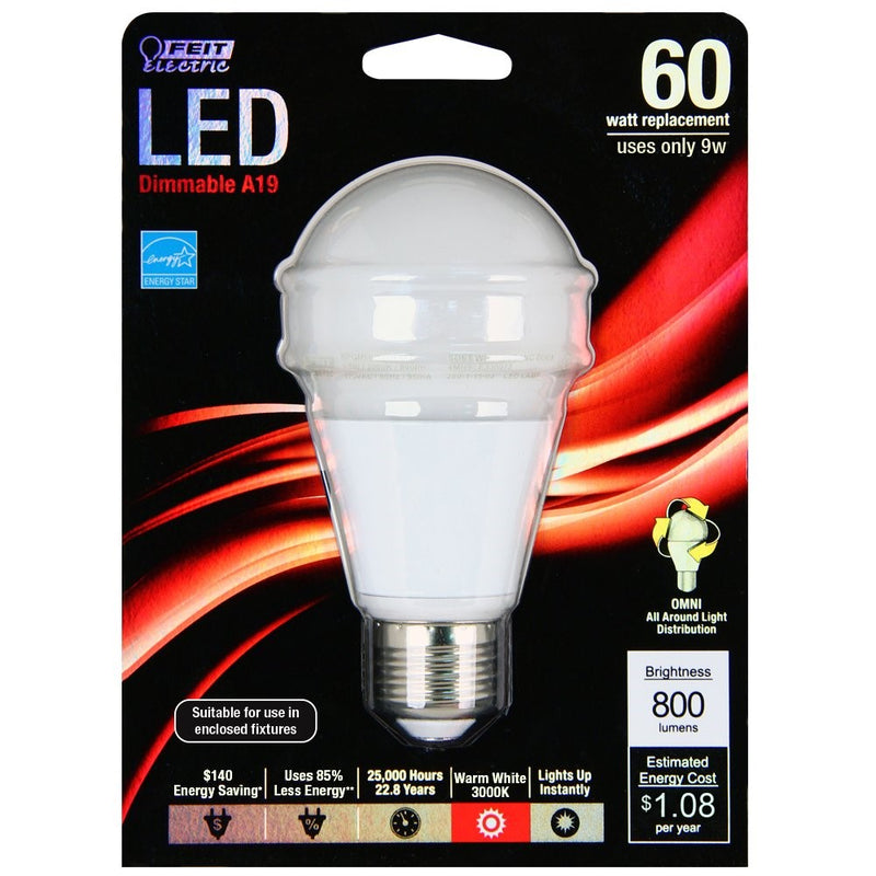 Feit Electric BPOM60/830 LED A19 - 60 Watt Equivalent Warm White (3000K) Dimmable LED Light Bulb