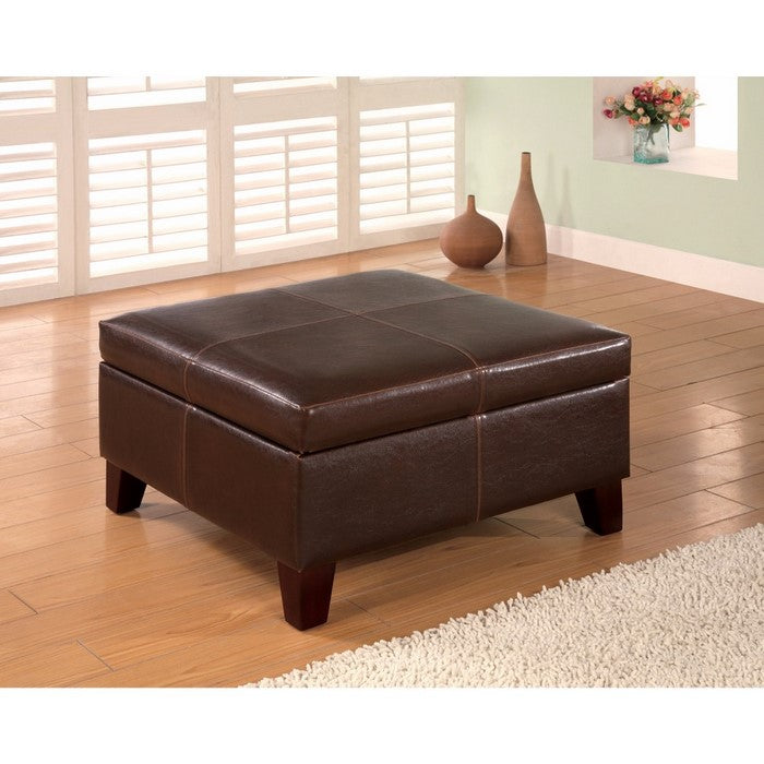 Leatherette Wooden Square Ottoman with Hidden Storage, Dark Brown