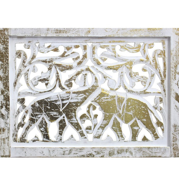 Classic 4 Panel Mango Wood Room Divider with Elephant Carvings, Gold and White