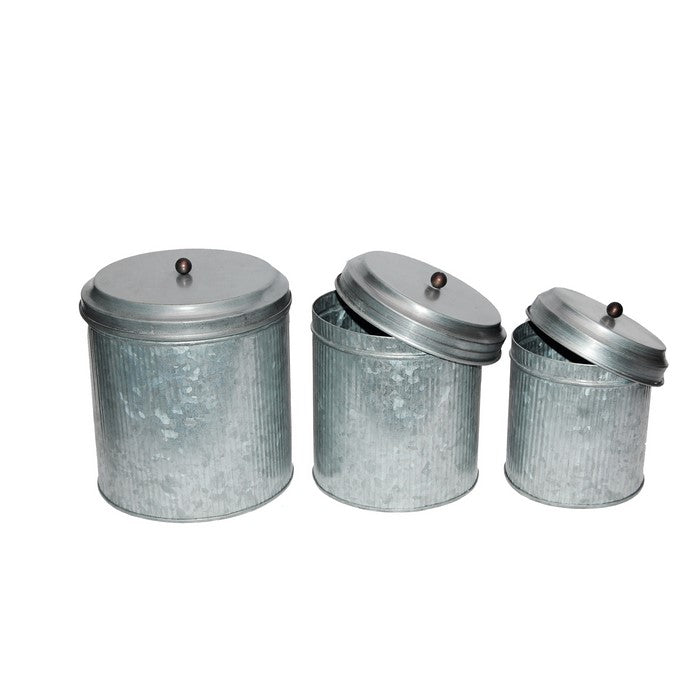 Benzara BM82052 Galvanized Metal Lidded Canister With Ribbed Pattern, Set of Three, Gray