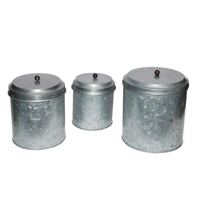 Benzara BM82052 Galvanized Metal Lidded Canister With Ribbed Pattern, Set of Three, Gray