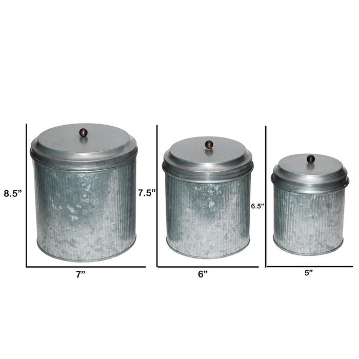Benzara BM82052 Galvanized Metal Lidded Canister With Ribbed Pattern, Set of Three, Gray
