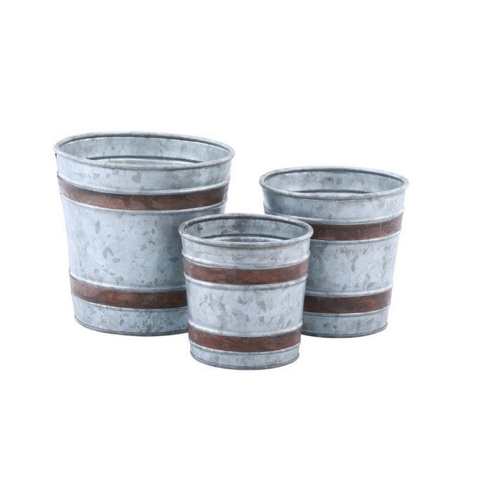 Vintage Style Galvanized Metal Pots In Bucket Style, Set of Three, Gray And Brown