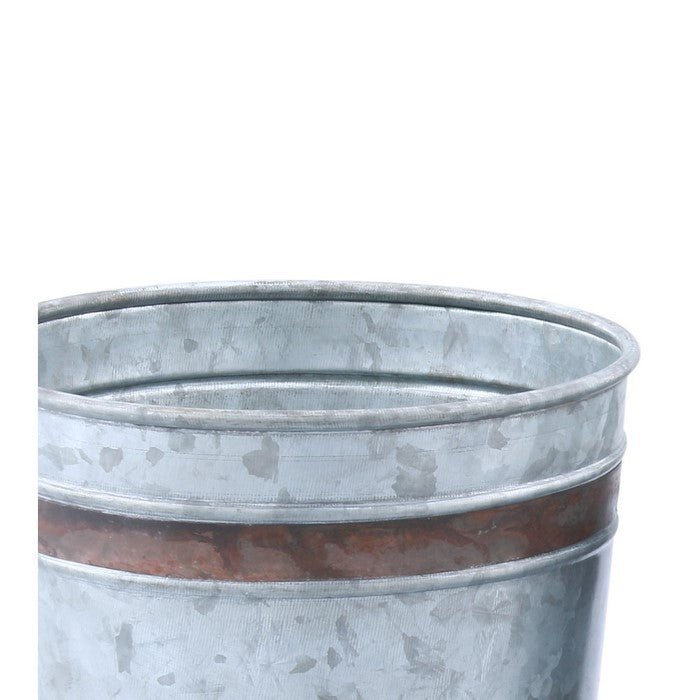 Vintage Style Galvanized Metal Pots In Bucket Style, Set of Three, Gray And Brown