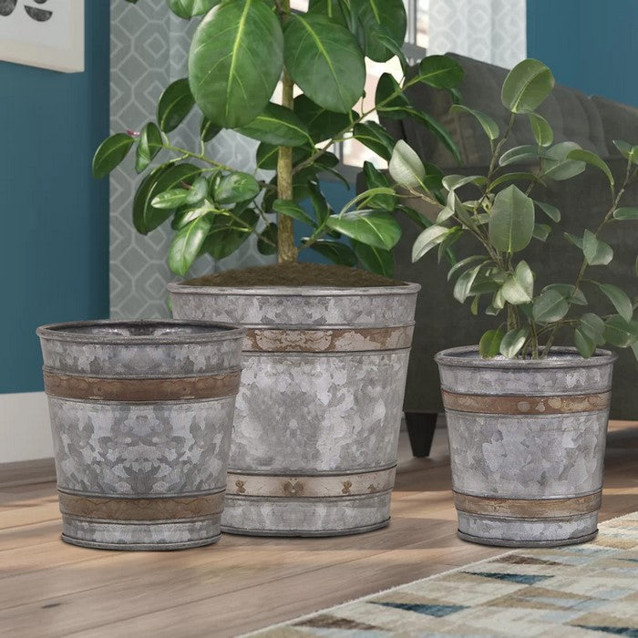 Vintage Style Galvanized Metal Pots In Bucket Style, Set of Three, Gray And Brown