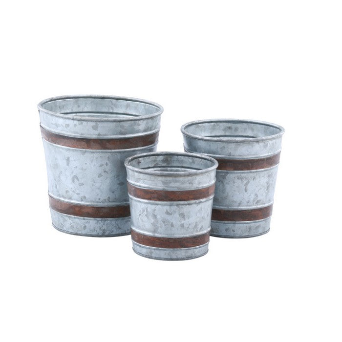 Vintage Style Galvanized Metal Pots In Bucket Style, Set of Three, Gray And Brown