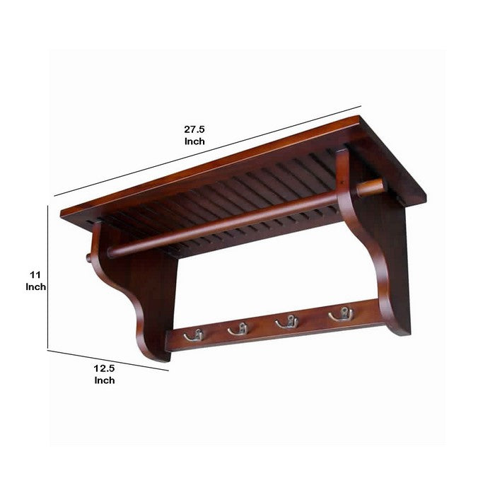 Wooden Wall Hanger with 4 Hooks and Hanging Rod, Brown