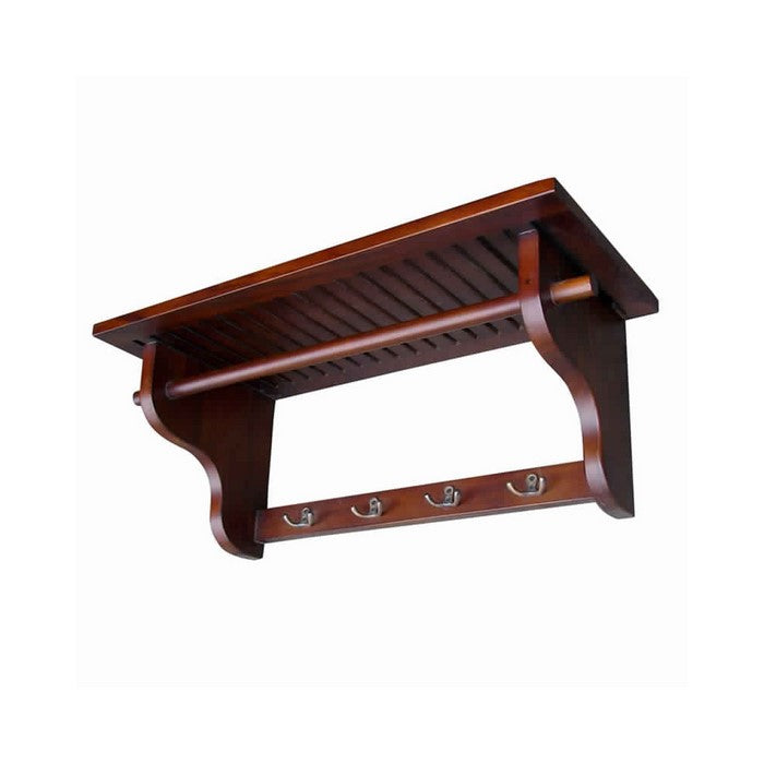 Wooden Wall Hanger with 4 Hooks and Hanging Rod, Brown