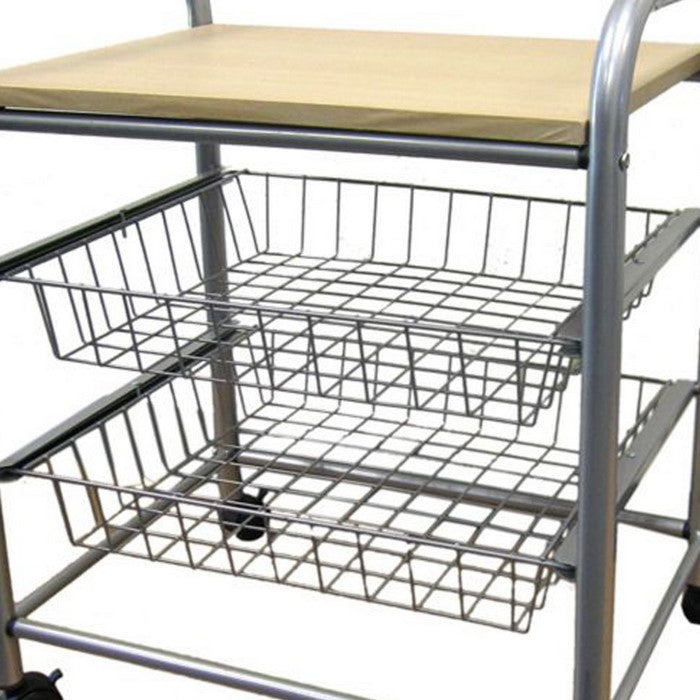 Casters Supported Wooden Top Metal Frame Trolley, Gray and Light Brown