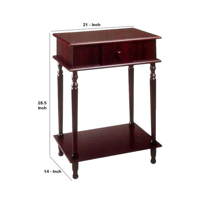 Rectangular Side Table with Drawer and Turned Tapered Legs, Cherry Brown
