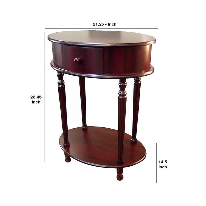 Oval Shaped Side Table with 1 Drawer and 1 Bottom Shelf, Cherry Brown