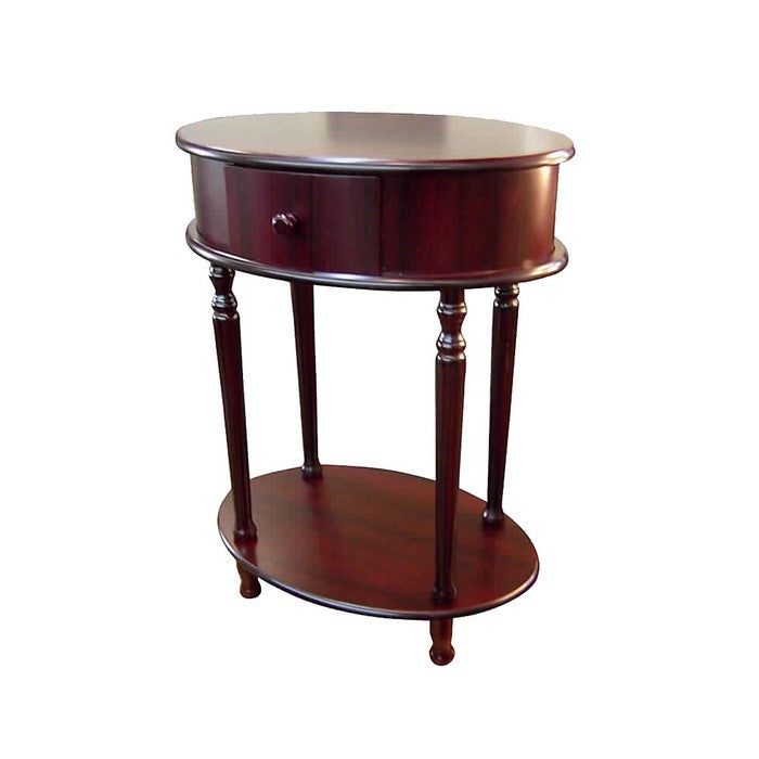 Oval Shaped Side Table with 1 Drawer and 1 Bottom Shelf, Cherry Brown