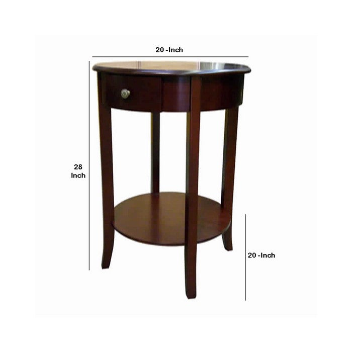 Round Shaped End Table with 1 Drawer and Tapered Legs, Cherry Brown
