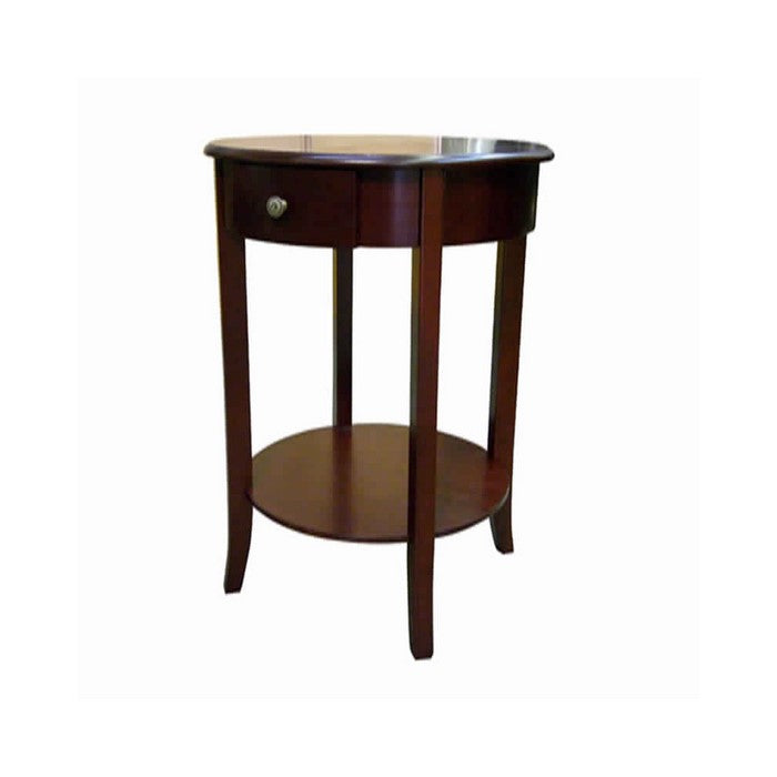 Round Shaped End Table with 1 Drawer and Tapered Legs, Cherry Brown