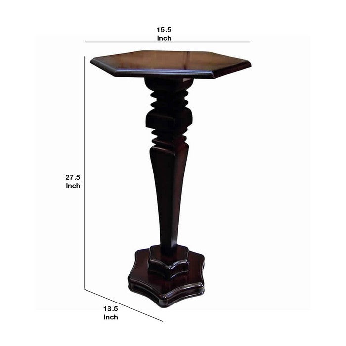 Hexagonal Top Wooden End Table with Pedestal Base, Cherry Brown