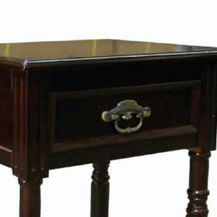 Square Shaped End Table with Turned Tapered Legs and 1 Drawer, Cherry Brown