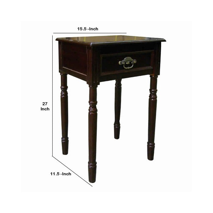 Square Shaped End Table with Turned Tapered Legs and 1 Drawer, Cherry Brown