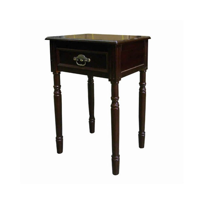 Square Shaped End Table with Turned Tapered Legs and 1 Drawer, Cherry Brown