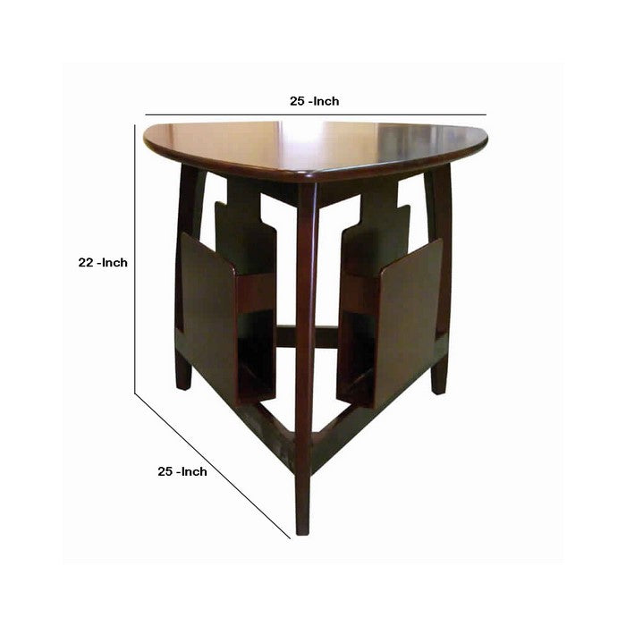 Wooden Accent Table with Tripod Base and Magazine Holder, Cherry Brown