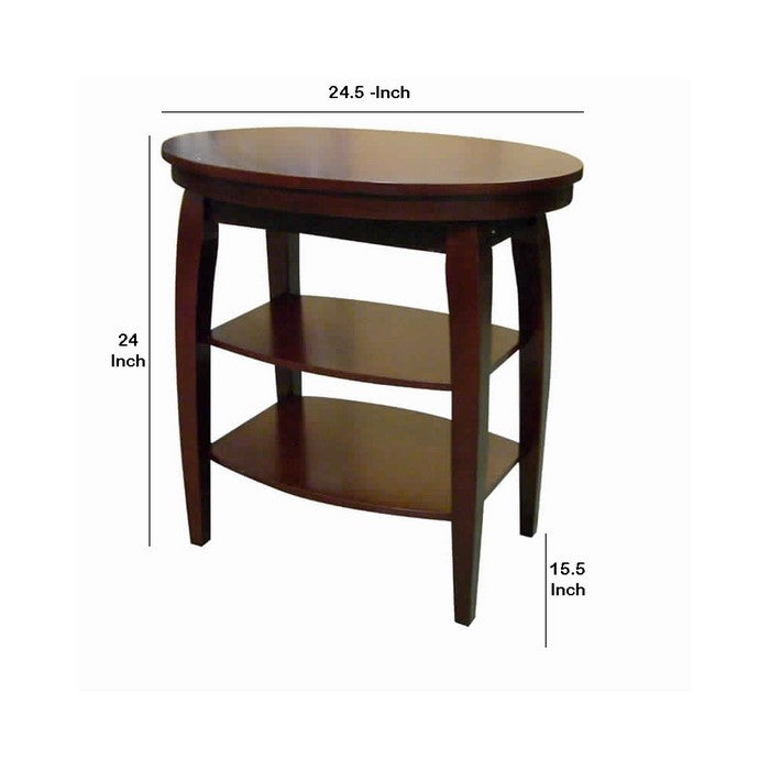 Oval Shaped Wooden End Table with 2 Shelves and Swivel Top, Brown