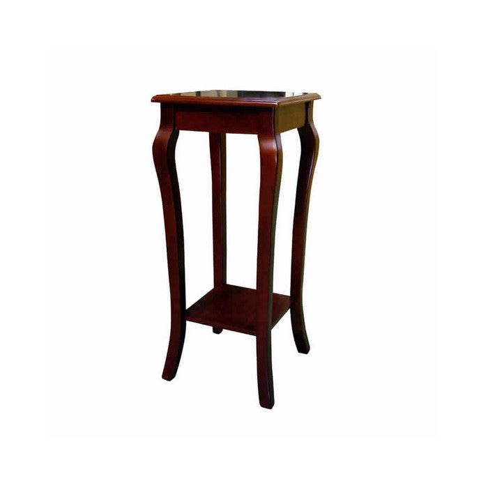 Square Wooden Flower Stand with Bottom Shelf and Curved Legs, Cherry Brown