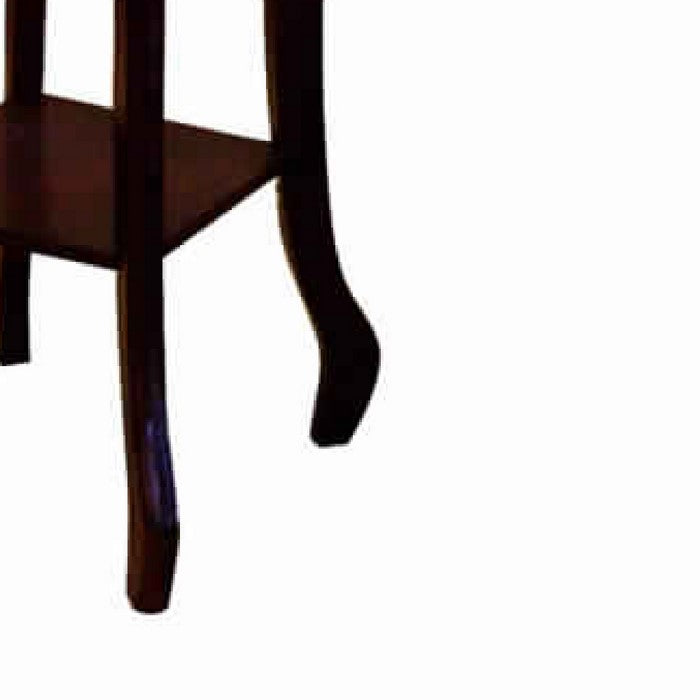 Wooden Flower Stand with Ceramic Top and Cut Out Details, Cherry Brown