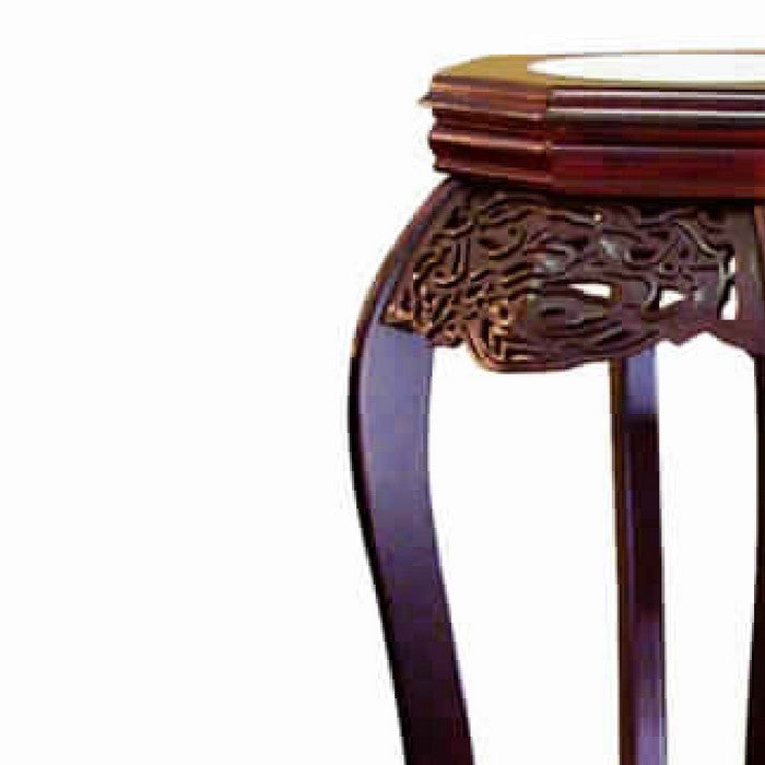 Wooden Flower Stand with Ceramic Top and Cut Out Details, Cherry Brown