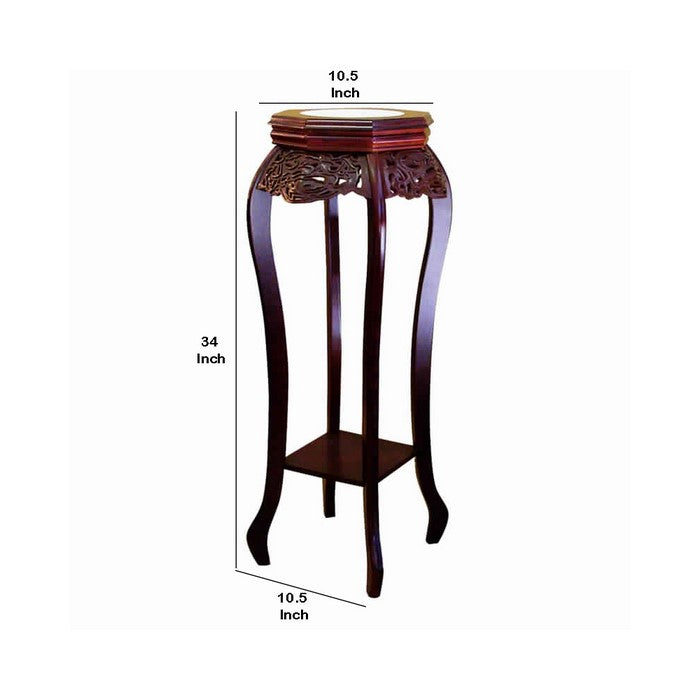 Wooden Flower Stand with Ceramic Top and Cut Out Details, Cherry Brown