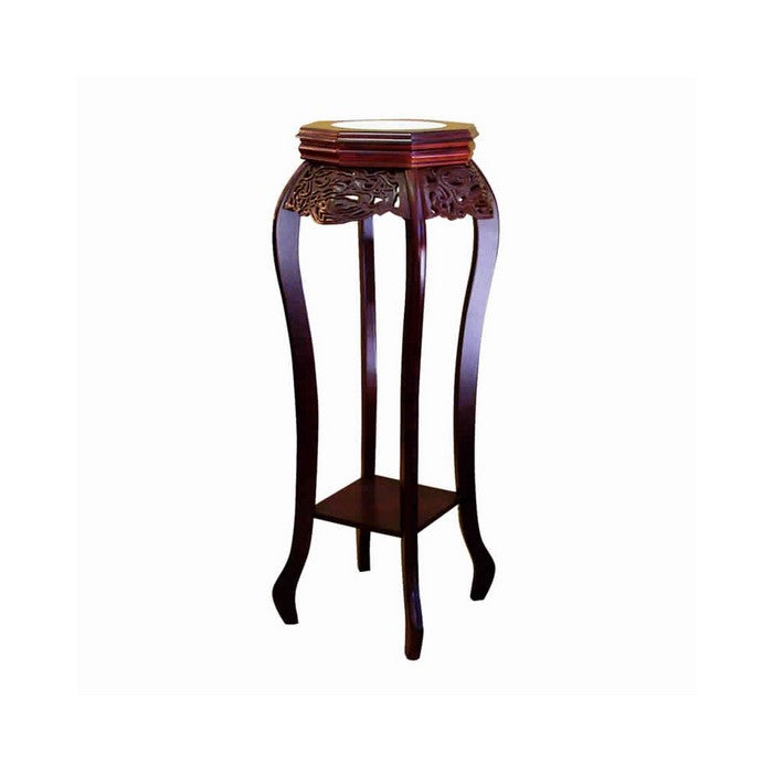 Wooden Flower Stand with Ceramic Top and Cut Out Details, Cherry Brown