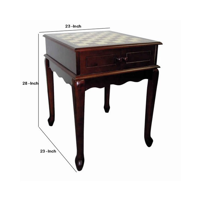 Square Wooden Chess Print Top Table with Cabriole Legs, Cherry Brown