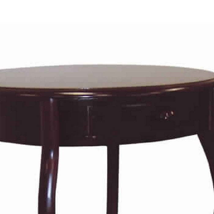 Wooden Round Shaped End Table with Flared legs and 1 Drawer, Cherry Brown