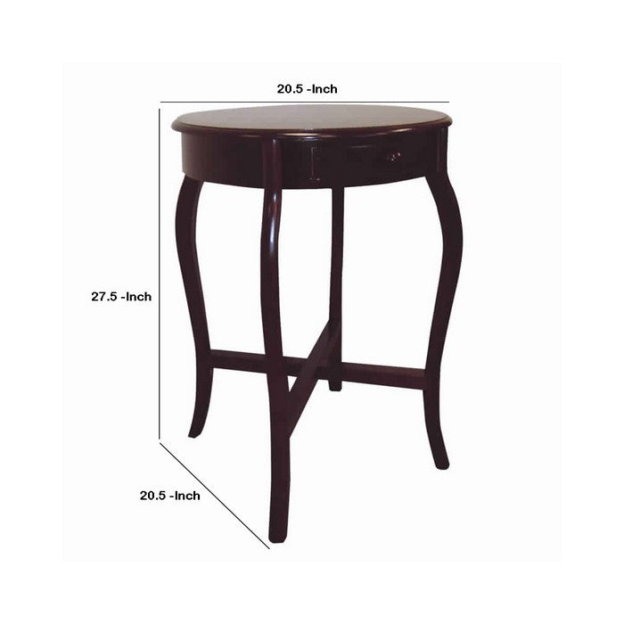 Wooden Round Shaped End Table with Flared legs and 1 Drawer, Cherry Brown