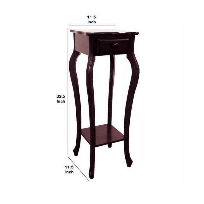 Square Wooden Plant Stand with 1 Drawer and Cabriole Legs, Cherry Brown