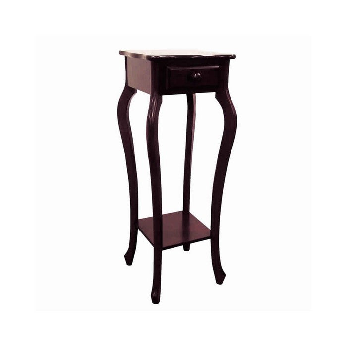 Square Wooden Plant Stand with 1 Drawer and Cabriole Legs, Cherry Brown