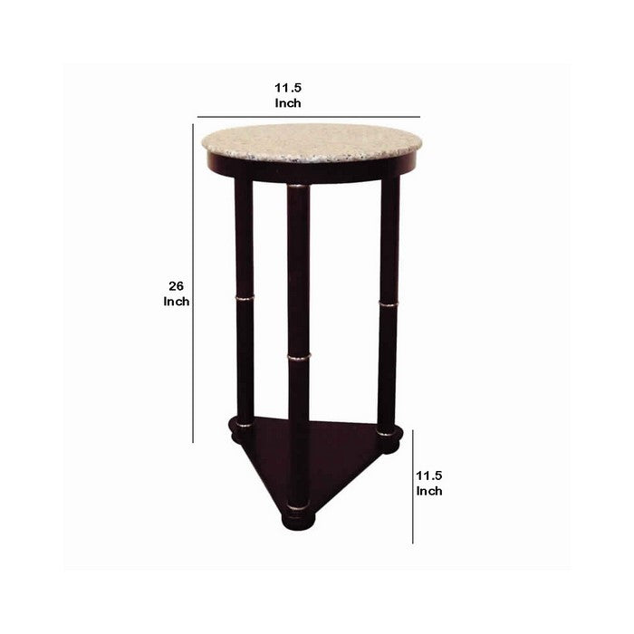 Round Marble Top Wooden End Table with Bottom Shelf, Cherry Brown