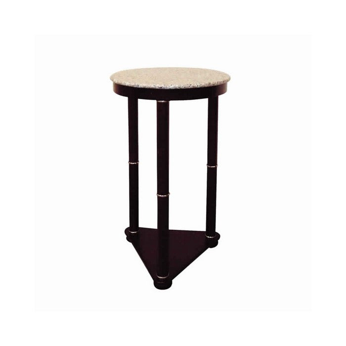 Round Marble Top Wooden End Table with Bottom Shelf, Cherry Brown