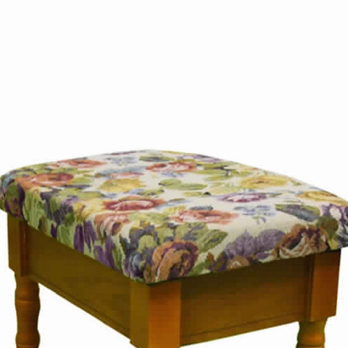 Fabric Upholstered Wooden Footstool with Floral Print, Multicolor