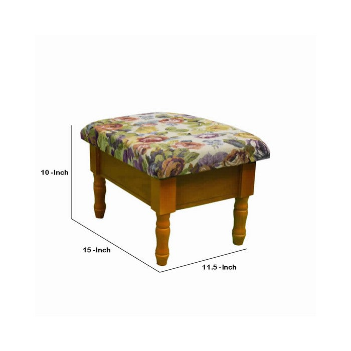 Fabric Upholstered Wooden Footstool with Floral Print, Multicolor