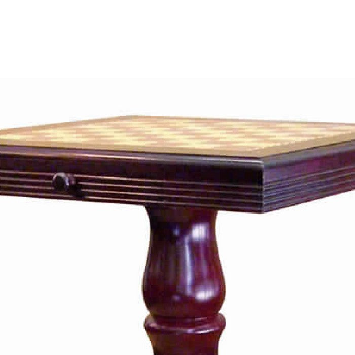 Square Wooden Chess Print Top Table with Pedestal Base, Cherry Brown