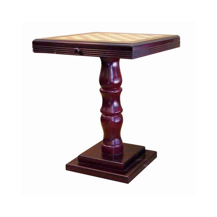 Square Wooden Chess Print Top Table with Pedestal Base, Cherry Brown