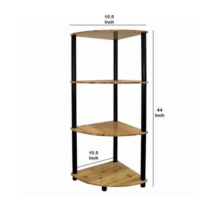 Wood and Metal Corner 4 Tier Spacious Bookshelf, Brown and Black