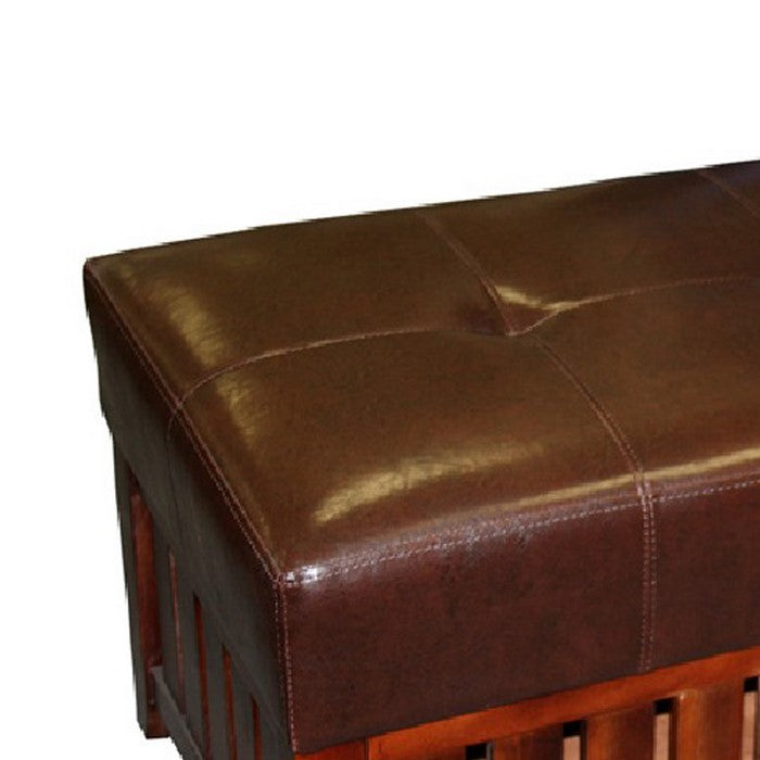 Leatherette Padded Storage Bench with Slatted Design on Frame, Brown