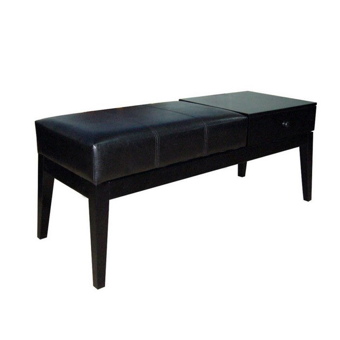 Leatherette Wooden Frame Bench with 1 Drawer, Black