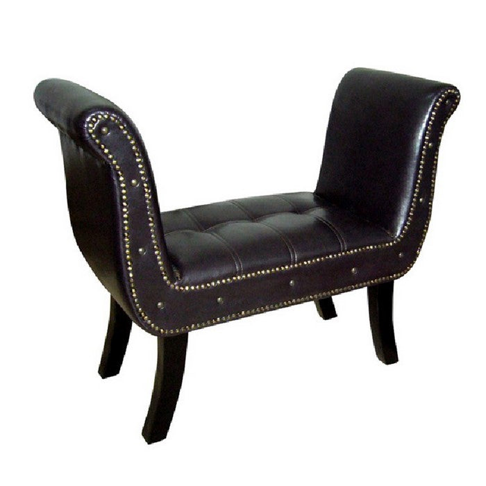 Nailhead Trim Leatherette Bench with Flared Shelter Arms, Dark Brown