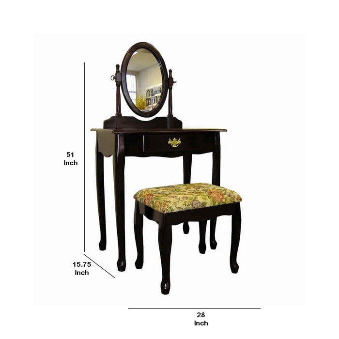 Wooden Vanity Set with Fabric Upholstered Seat,Cherry Brown and Yellow