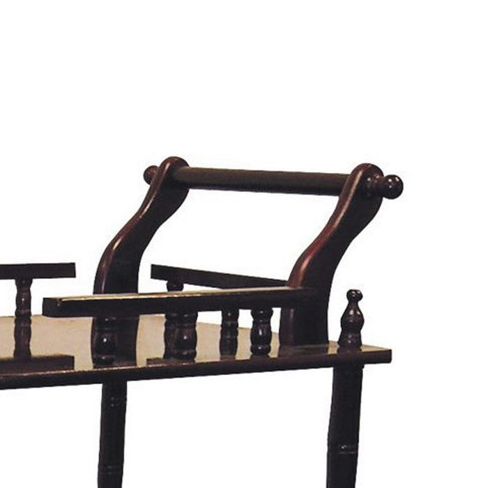 Casters Supported 2 Tier Wooden Wine Table with Turned legs, Cherry Brown