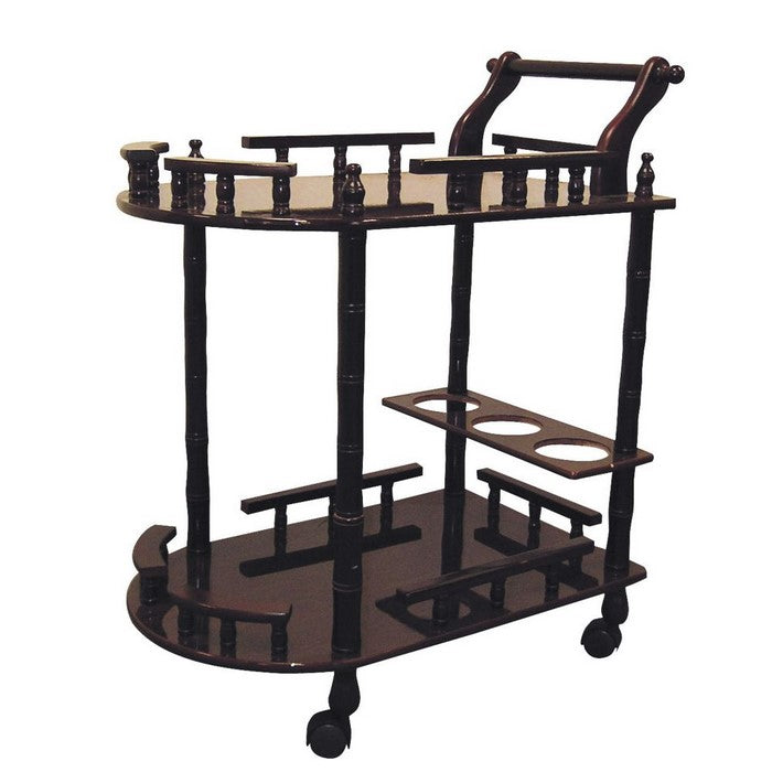 Casters Supported 2 Tier Wooden Wine Table with Turned legs, Cherry Brown
