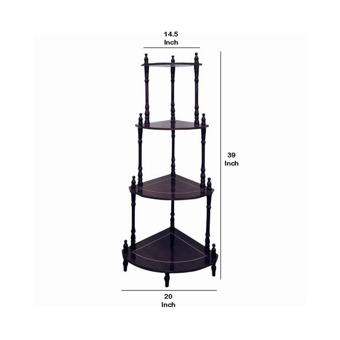 4 Tier Wooden Corner Stand with Turned Legs, Cherry Brown