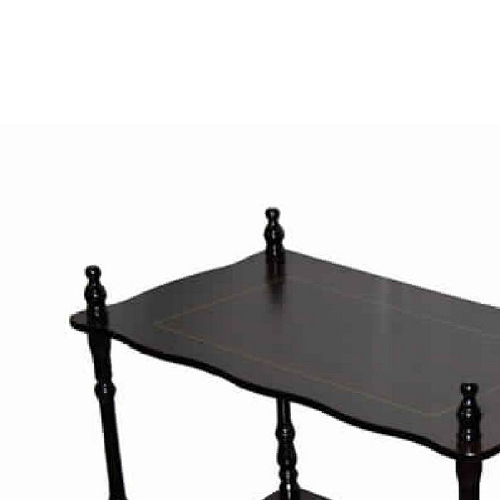 3 Tier Wooden Shelves with Scalloped Edges and Turned Legs, Cherry Brown